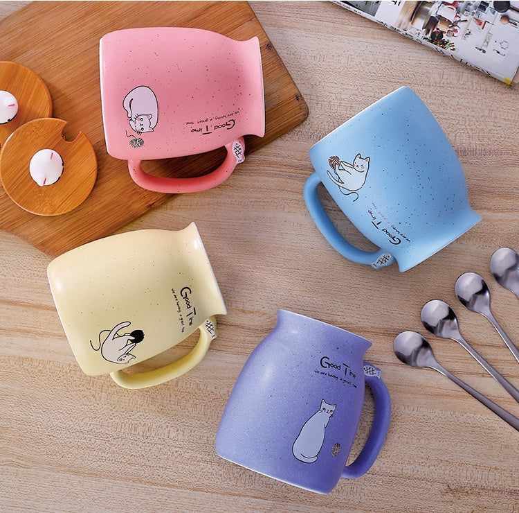 GUIRLA 450ml Cartoon Ceramics Cat Mug With Lid and Spoon Coffee Milk Tea Mugs Breakfast Cup Drinkware Novelty Gifts