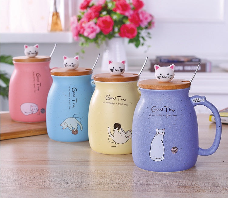 GUIRLA 450ml Cartoon Ceramics Cat Mug With Lid and Spoon Coffee Milk Tea Mugs Breakfast Cup Drinkware Novelty Gifts