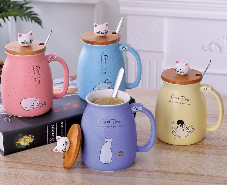 GUIRLA 450ml Cartoon Ceramics Cat Mug With Lid and Spoon Coffee Milk Tea Mugs Breakfast Cup Drinkware Novelty Gifts