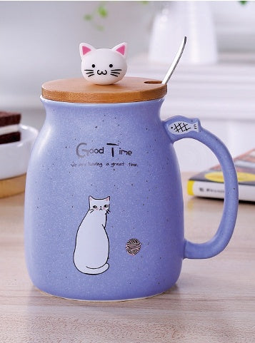 GUIRLA 450ml Cartoon Ceramics Cat Mug With Lid and Spoon Coffee Milk Tea Mugs Breakfast Cup Drinkware Novelty Gifts