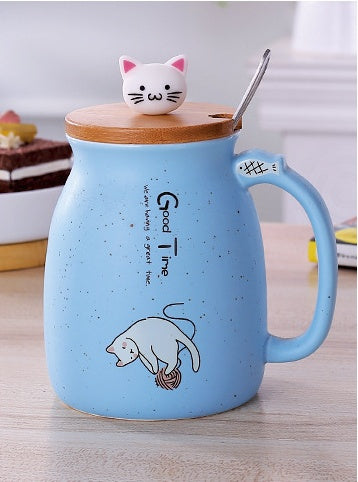 GUIRLA 450ml Cartoon Ceramics Cat Mug With Lid and Spoon Coffee Milk Tea Mugs Breakfast Cup Drinkware Novelty Gifts