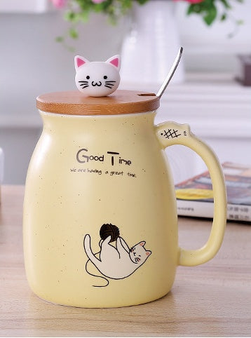 GUIRLA 450ml Cartoon Ceramics Cat Mug With Lid and Spoon Coffee Milk Tea Mugs Breakfast Cup Drinkware Novelty Gifts