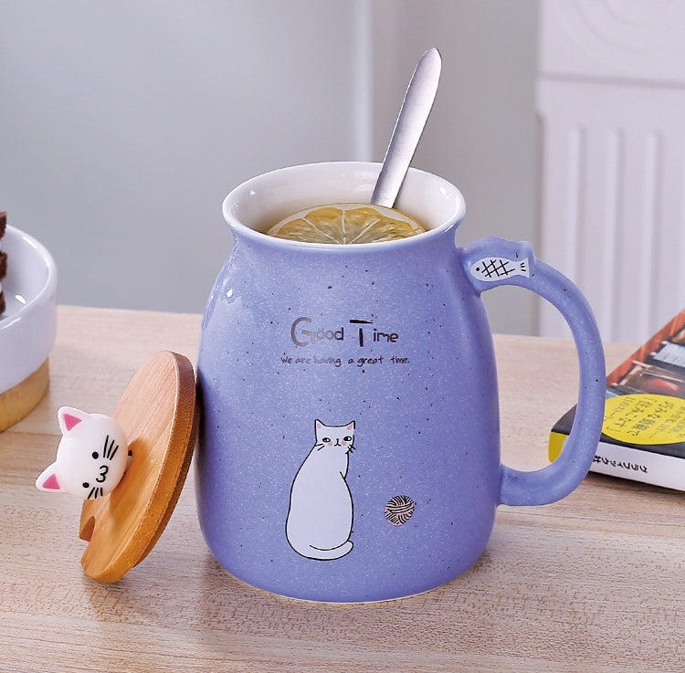 GUIRLA 450ml Cartoon Ceramics Cat Mug With Lid and Spoon Coffee Milk Tea Mugs Breakfast Cup Drinkware Novelty Gifts